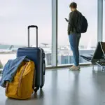 Valigia rigida con zaino giallo e giacca di jeans in un’area partenze aeroportuale, con aereo sullo sfondo