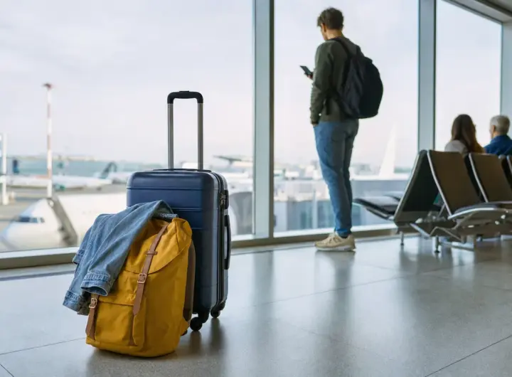 Valigia rigida con zaino giallo e giacca di jeans in un’area partenze aeroportuale, con aereo sullo sfondo