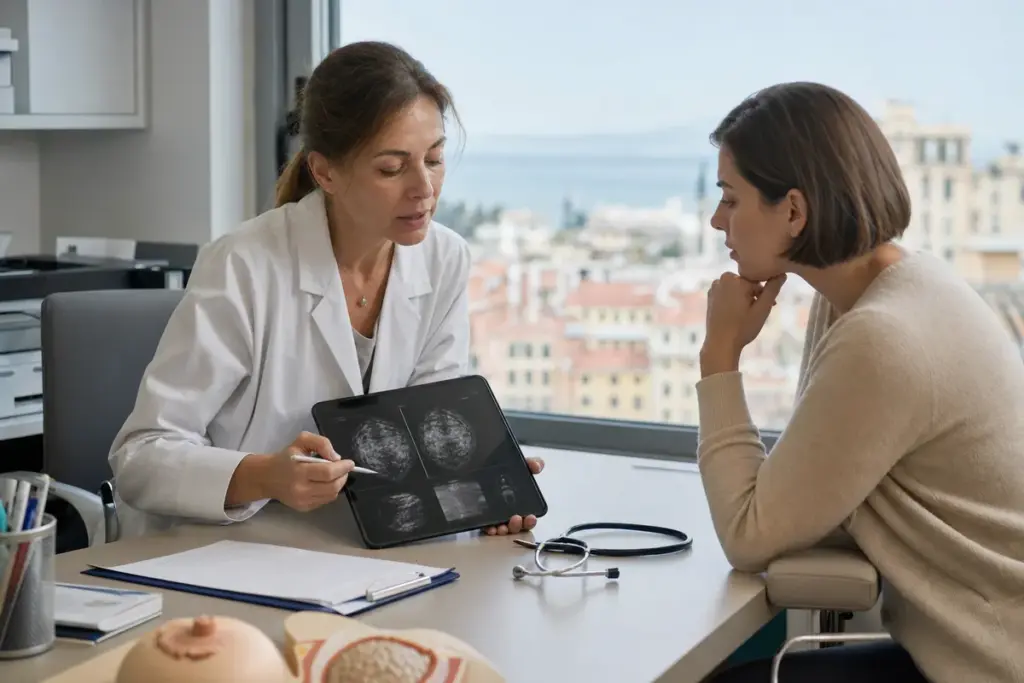 Oncologa mostra immagini del seno su un tablet a una giovane paziente durante una visita in ambulatorio