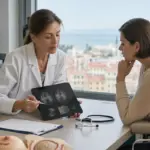 Oncologa mostra immagini del seno su un tablet a una giovane paziente durante una visita in ambulatorio