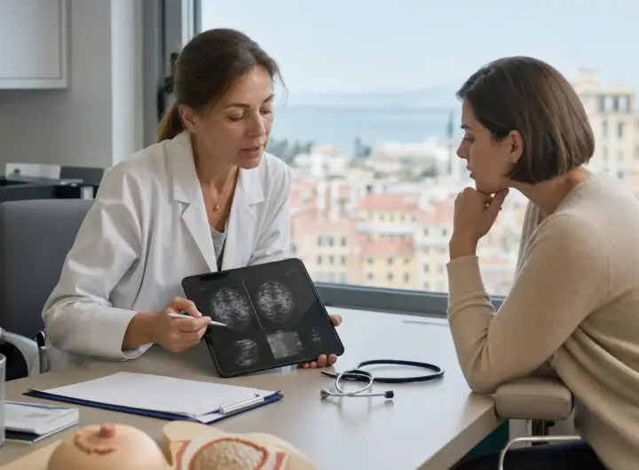 Oncologa mostra immagini del seno su un tablet a una giovane paziente durante una visita in ambulatorio