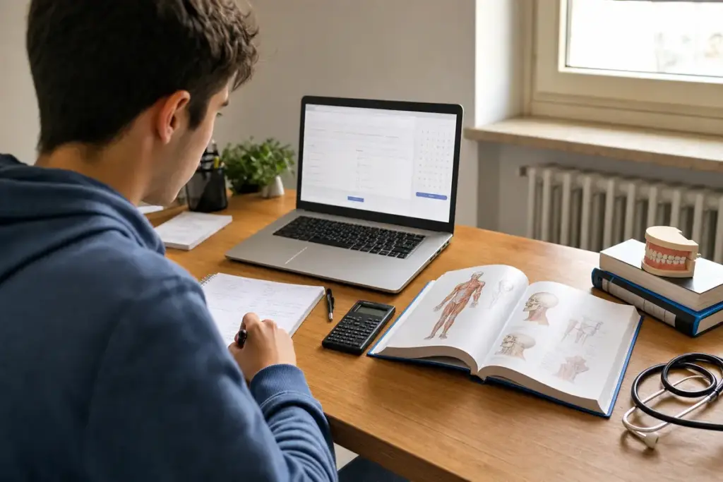 Studente a casa al computer per un test online, con libro di anatomia, calcolatrice, appunti e modellino dentale sul tavolo