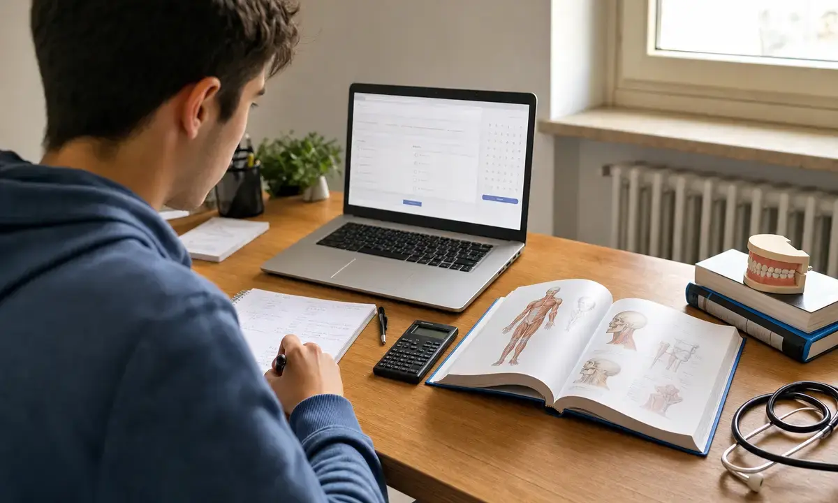 Studente a casa al computer per un test online, con libro di anatomia, calcolatrice, appunti e modellino dentale sul tavolo