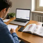 Studente a casa al computer per un test online, con libro di anatomia, calcolatrice, appunti e modellino dentale sul tavolo