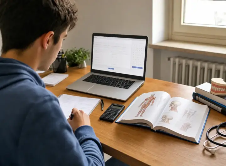 Studente a casa al computer per un test online, con libro di anatomia, calcolatrice, appunti e modellino dentale sul tavolo
