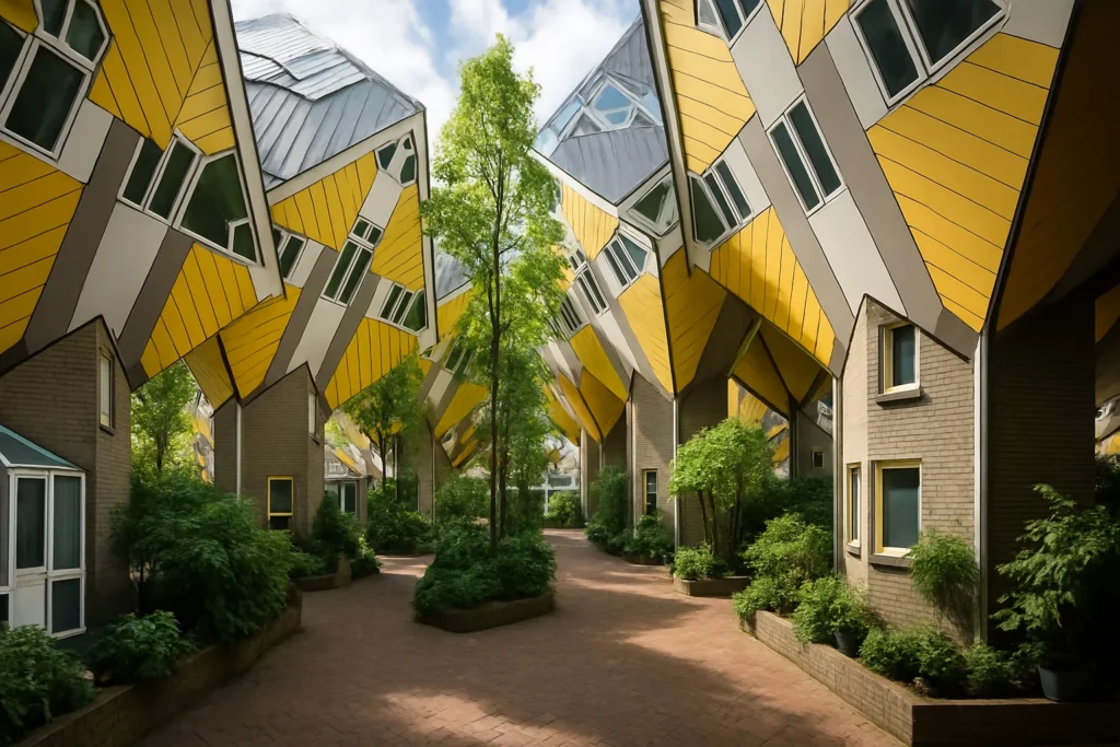 Kubuswoningen a Rotterdam: il quartiere-foresta di case cubiche che sfida la geometria urbana
