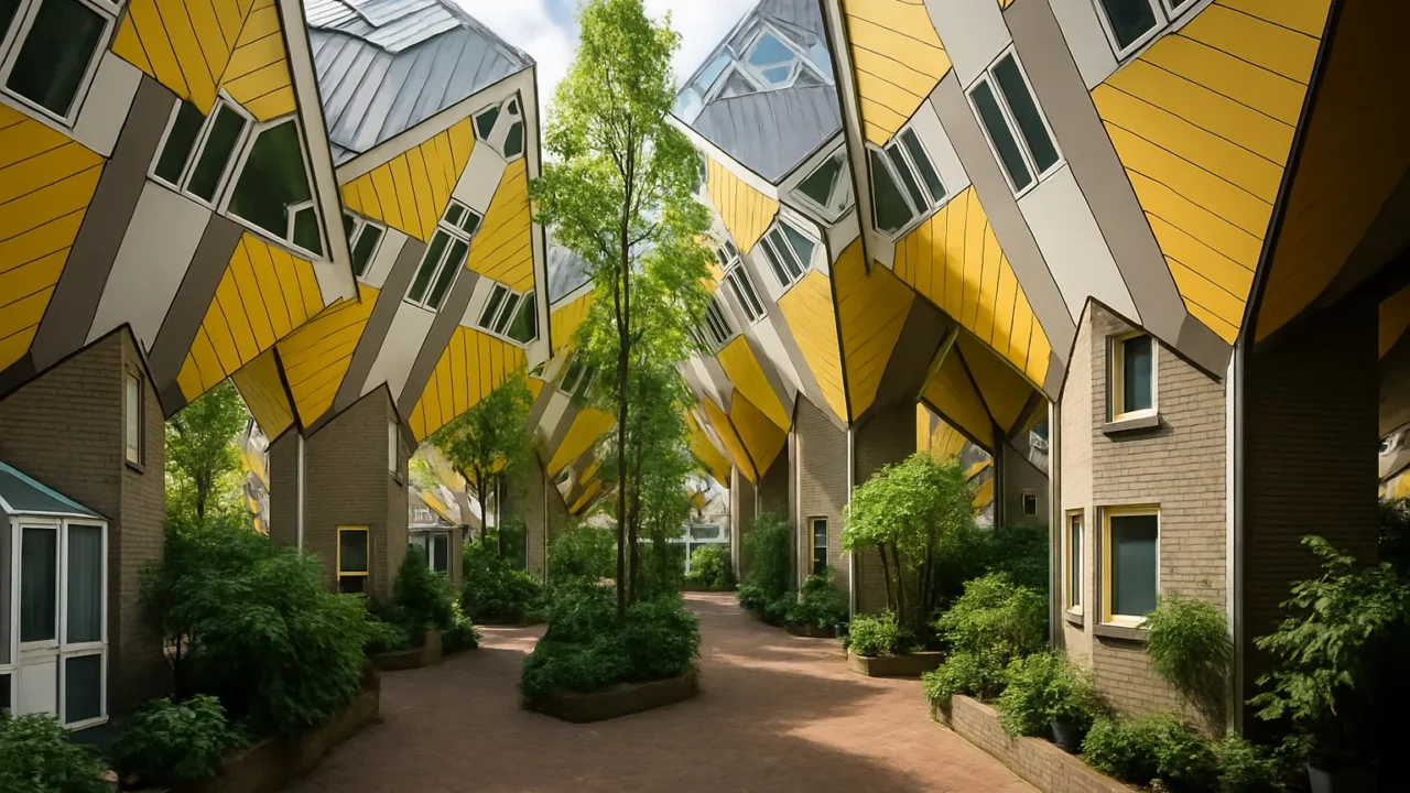 Kubuswoningen a Rotterdam: il quartiere-foresta di case cubiche che sfida la geometria urbana